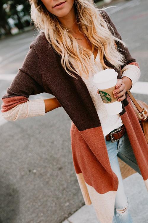 Splicing Contrast Cardigan-Pinkami