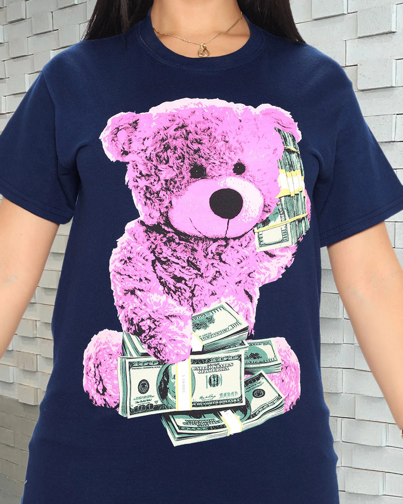 Bear & Dollar Print Round Neck T-Shirt-Pinkami