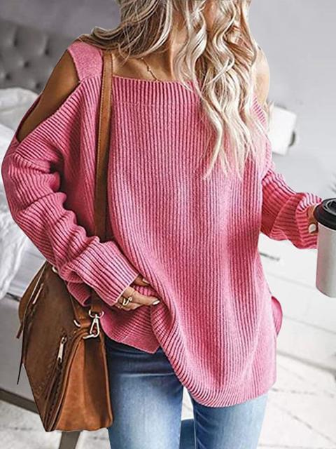 Solid Color Cold shoulder Knit Sweater-Pinkami