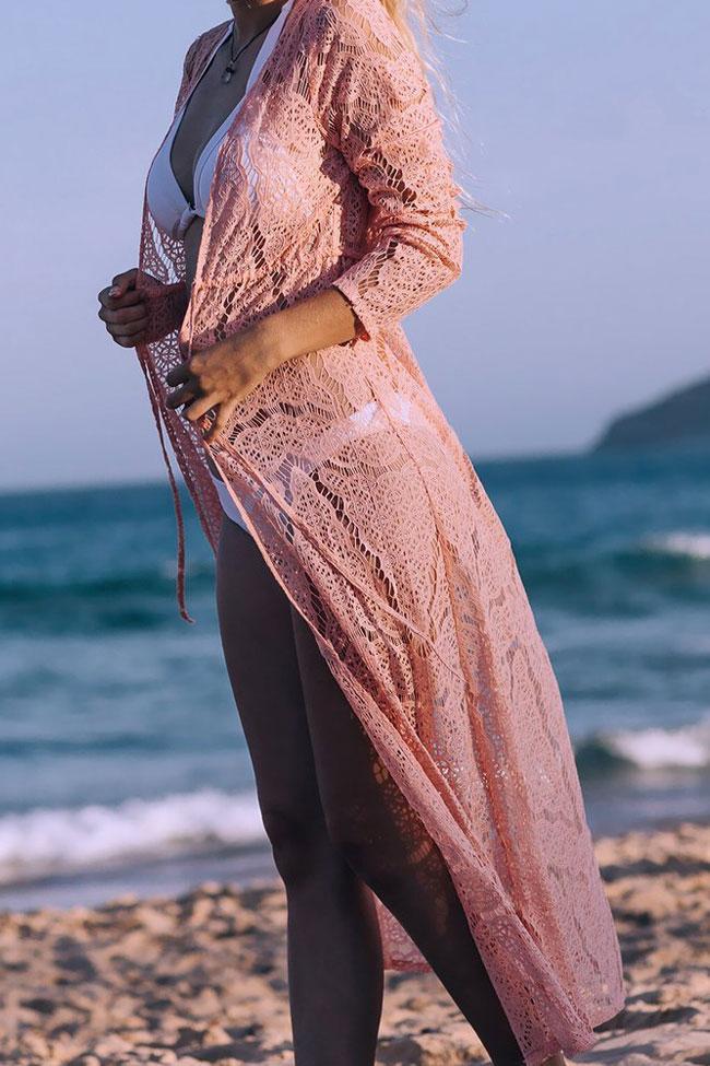 Exquisite Long Sleeve Drawstring Maxi Lace Cover Up-Pinkami