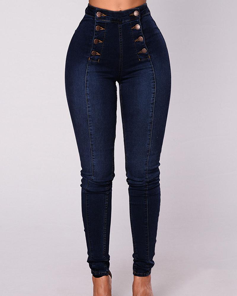 Women Double Breasted High Waist Skinny Jeans-Pinkami