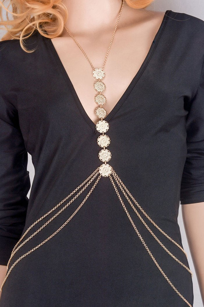Gold Layered Floral Engraved Vintage Belly Back Body Chain Necklace Jewelry-Pinkami