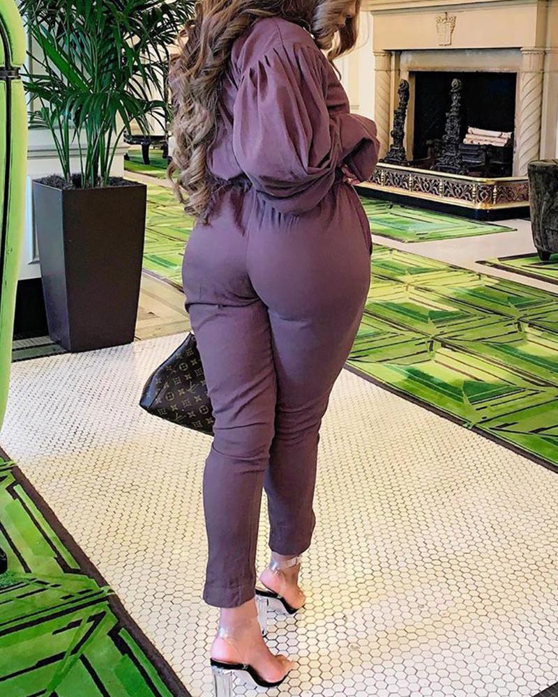 Solid Button Up Pocket Detail Top & Pants Set-Pinkami