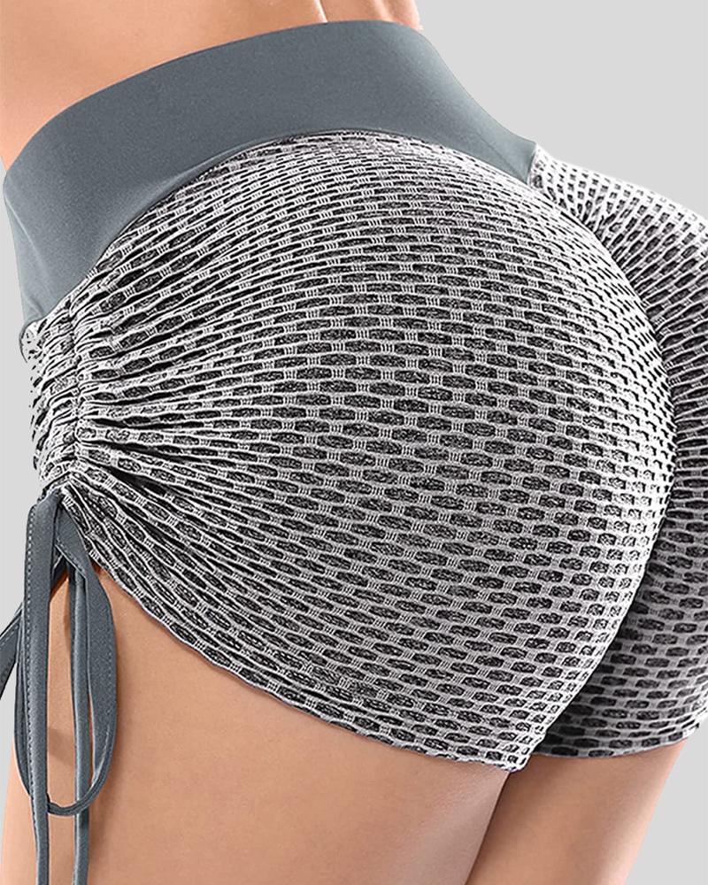 Solid Textured Drawstring Side Butt Lifting Sports Shorts-Pinkami