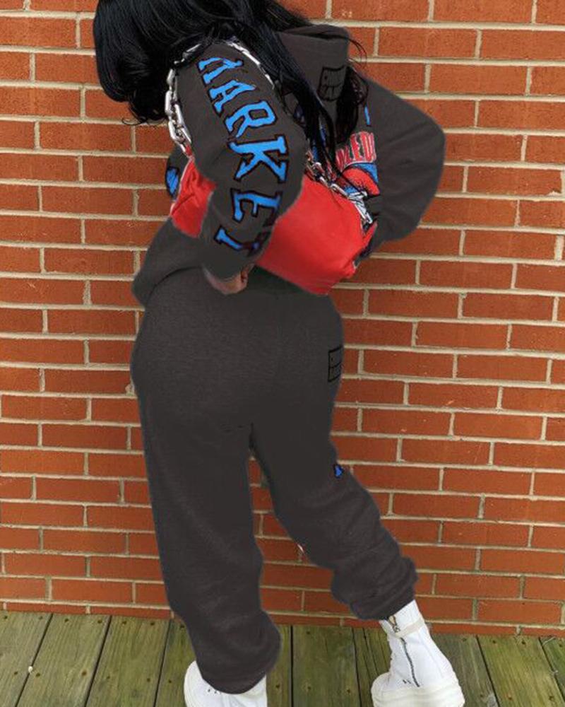 Letter & Graphic Print Hooded Top & Pants Set