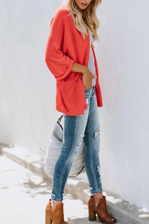 Fashion Solid Color Knit Cardigan Sweater-Pinkami