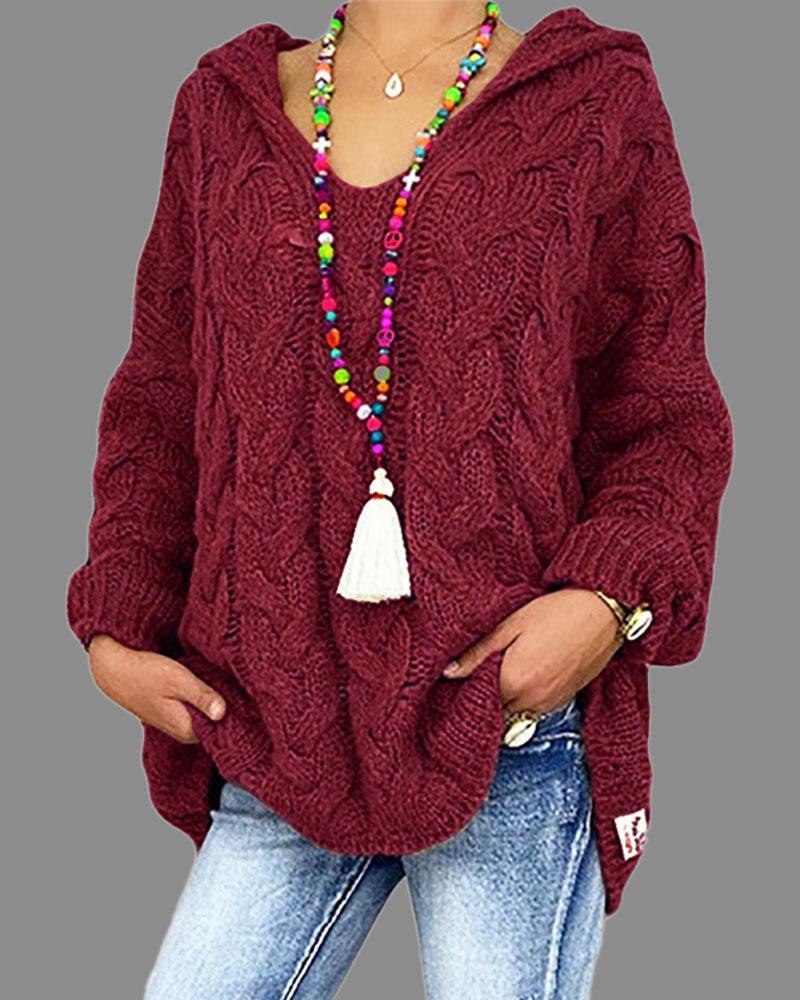Cable Knit Drop Shoulder Oversized Hooded Sweater-Pinkami