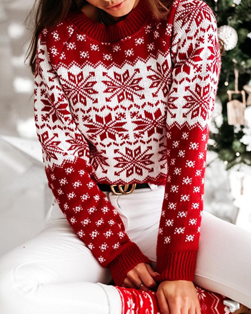 Snowflake Print Rib-Knit Round Neck Sweater-Pinkami