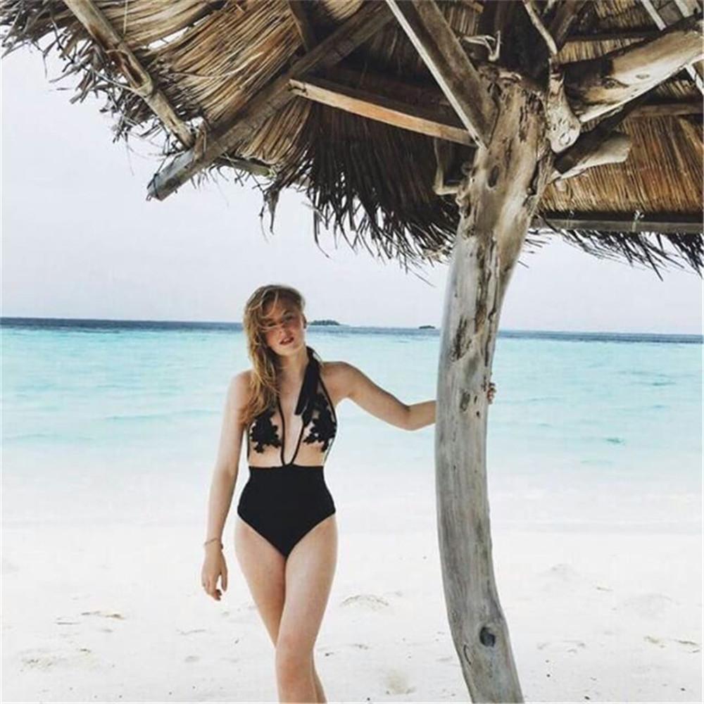 Black Halter Hollow Out Floral Lace-up Sheer Mesh Lace Bathing Suit-Pinkami