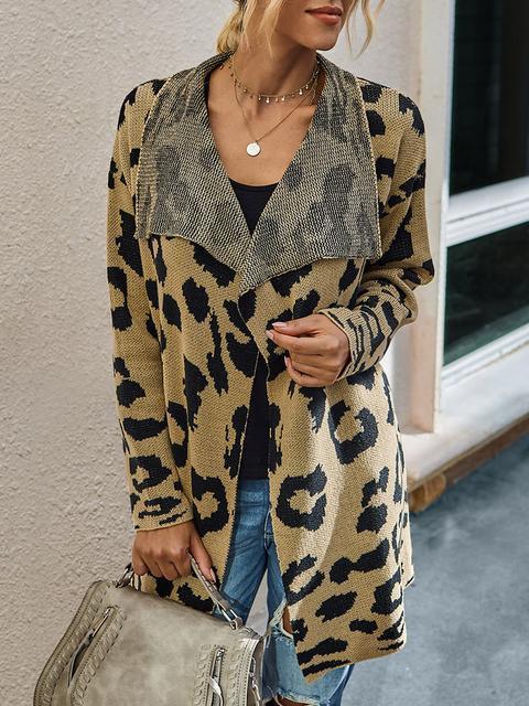 Leopard Long Sleeve Lapel Sweaters Coat-Pinkami