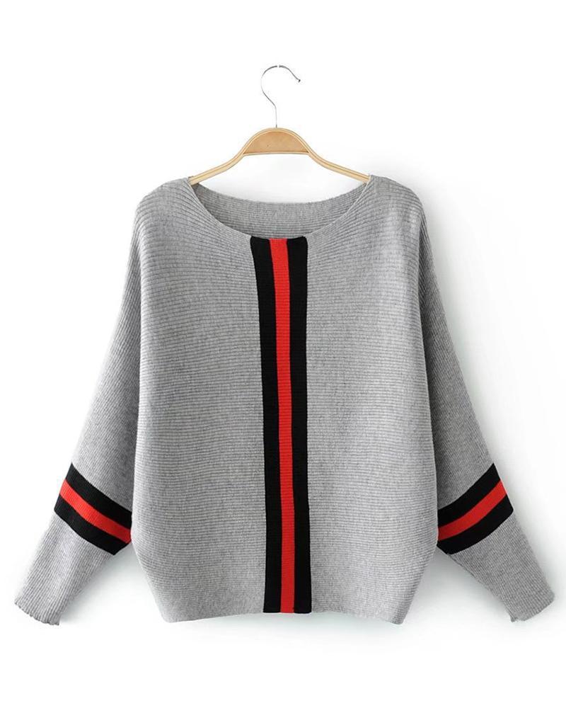 Striped Batwing Sleeve Rib-knit Sweater-Pinkami