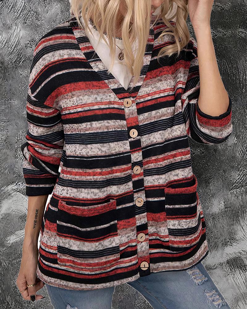 Striped Button Up Dual Pocket Sweater-Pinkami