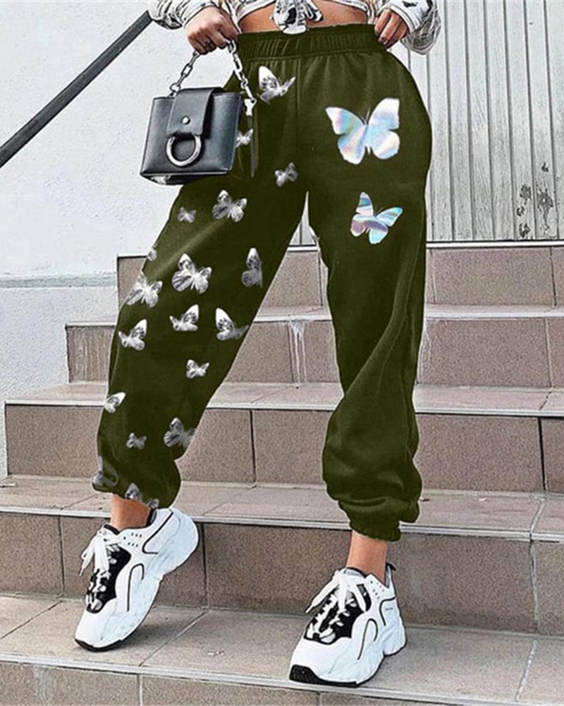 Butterfly Print High Waist Elastic Hem Sports Pants For Women-Pinkami