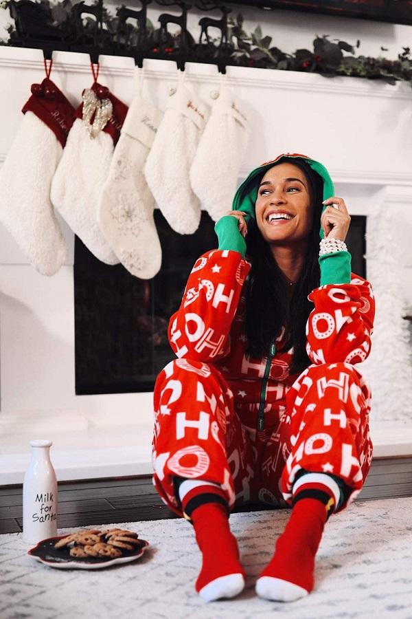 Womens Ho Ho Ho Christmas Onesie Adult Jumpsuit Casual Outfit-Pinkami