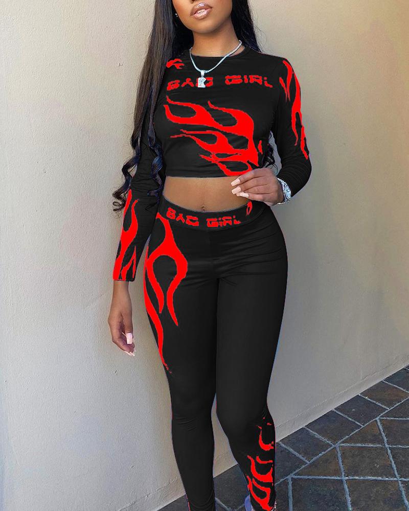 Letter & Flame Print Top & Pants Set-Pinkami