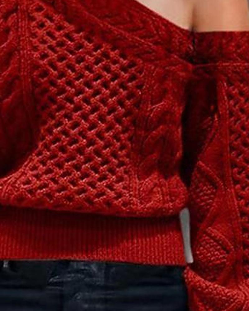 Solid Mixed Knit Lantern Sleeve Asymmetrical Neck Sweater-Pinkami