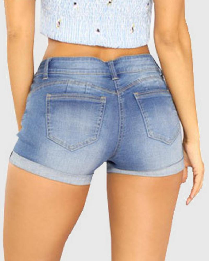 Women Low Waist Roll Up Hem Ripped Denim Shorts-Pinkami