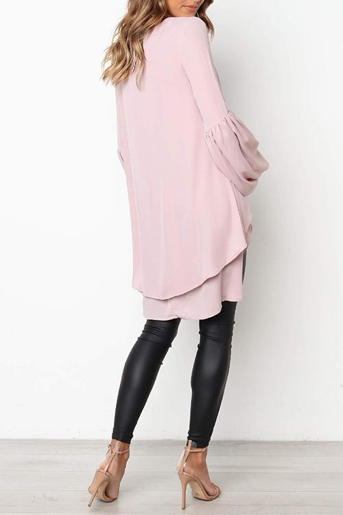 Puff Sleeve Lrregular Hem Solid Color Long Sleeve T-Shirt-Pinkami