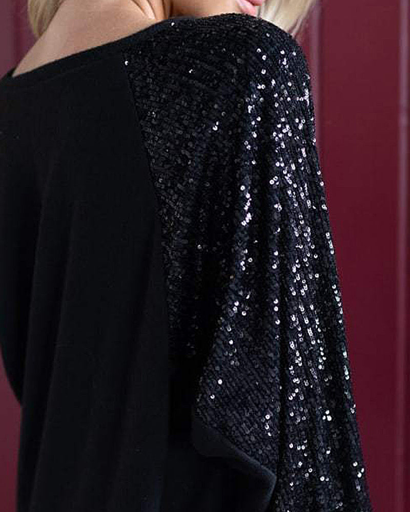 Solid Sequin Raglan Sleeve Oversized T-Shirt-Pinkami