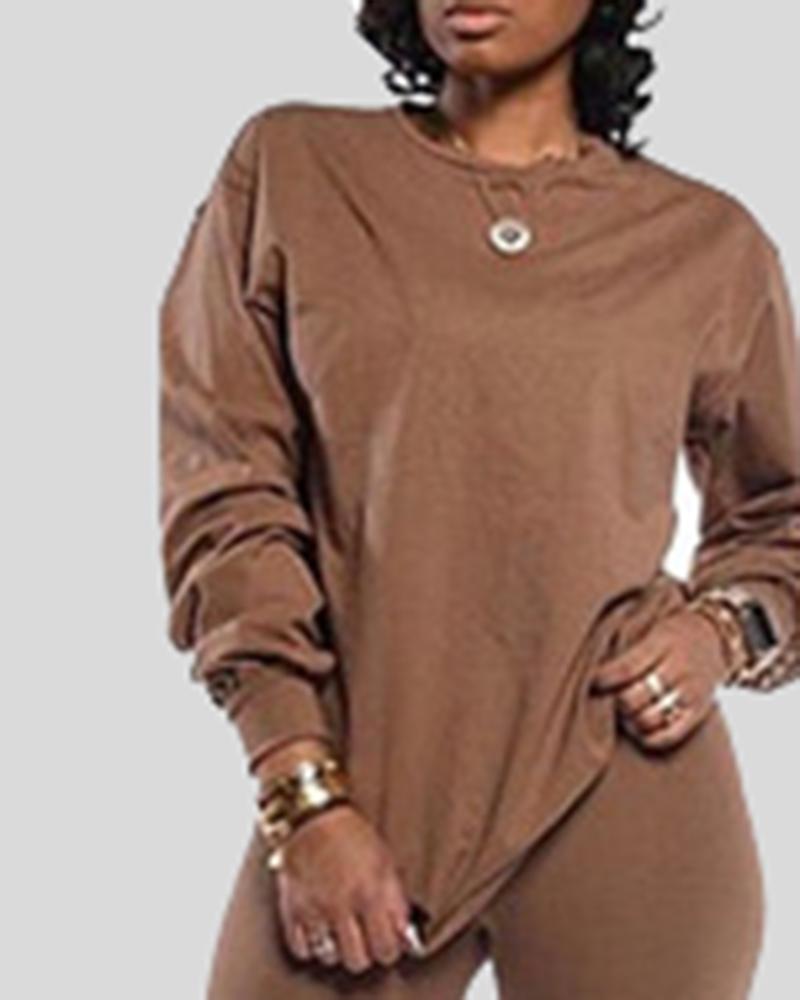 Solid Round Neck Tee & Pants Set-Pinkami