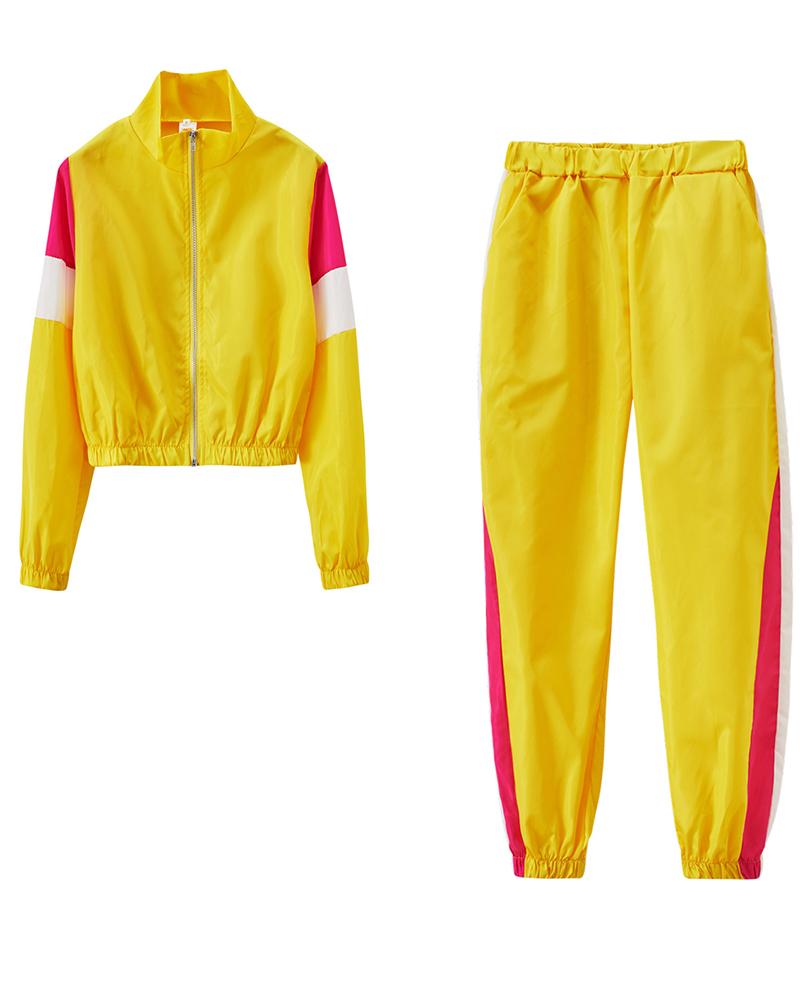 Colorblock Pocket Detail Zip Front Top & Pants Set-Pinkami