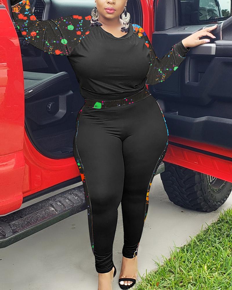 Splash Ink Print Long Sleeve Top & Pants Set-Pinkami