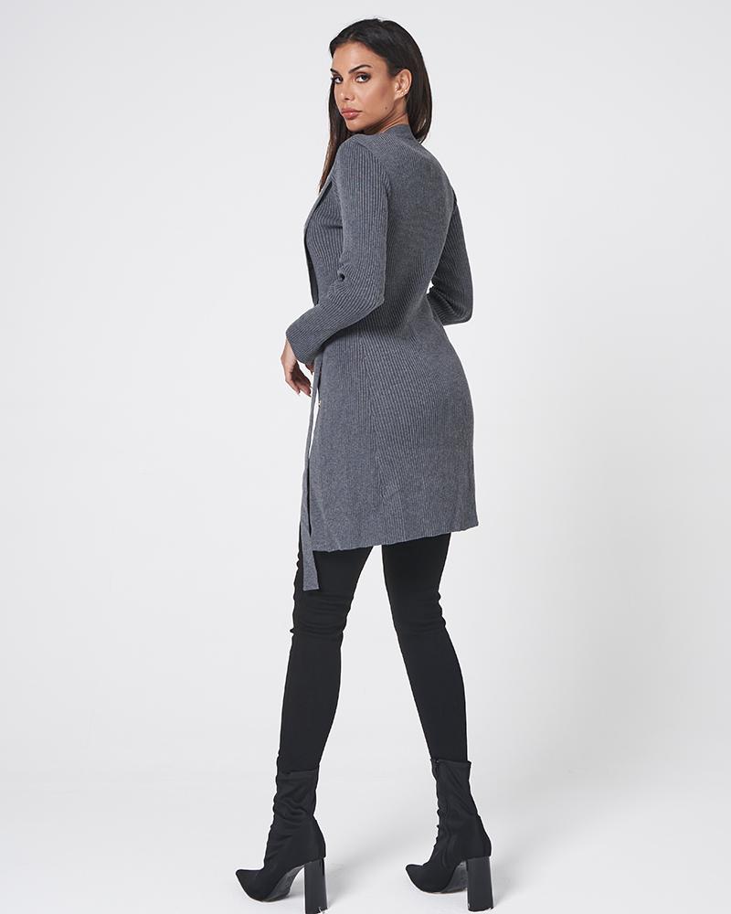 Solid Ribbed Ring Detail Split Hem Sweater-Pinkami