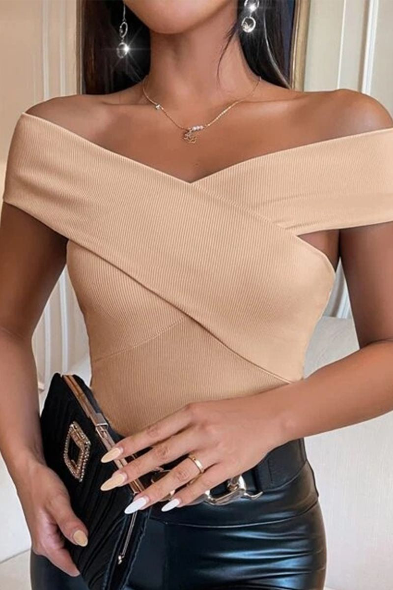 Solid Ribbed Criss Cross Off Shoulder T-Shirt-Pinkami
