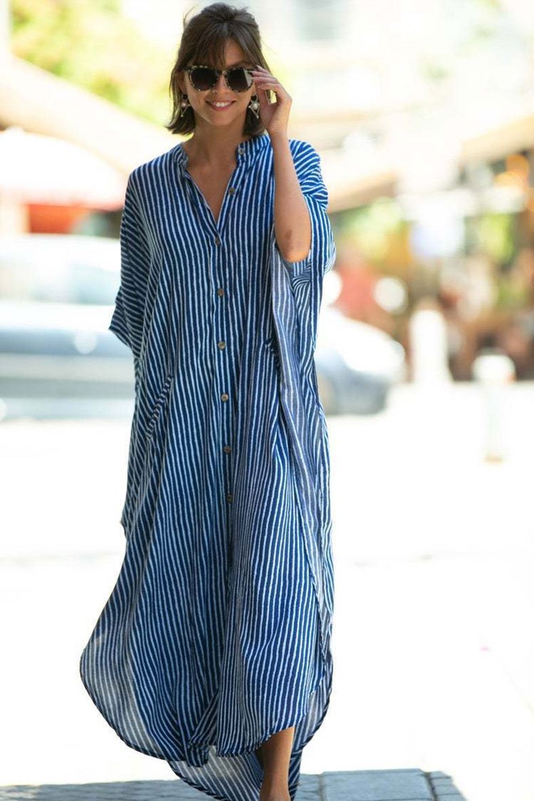 Striped Pocketed Button Front Side Slit Sleeved Maxi Cover Up-Pinkami