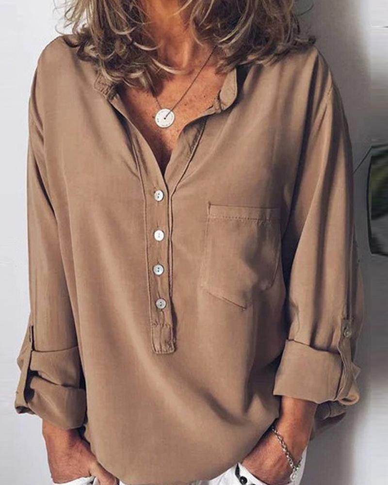 Solid Half Button Blouse-Pinkami