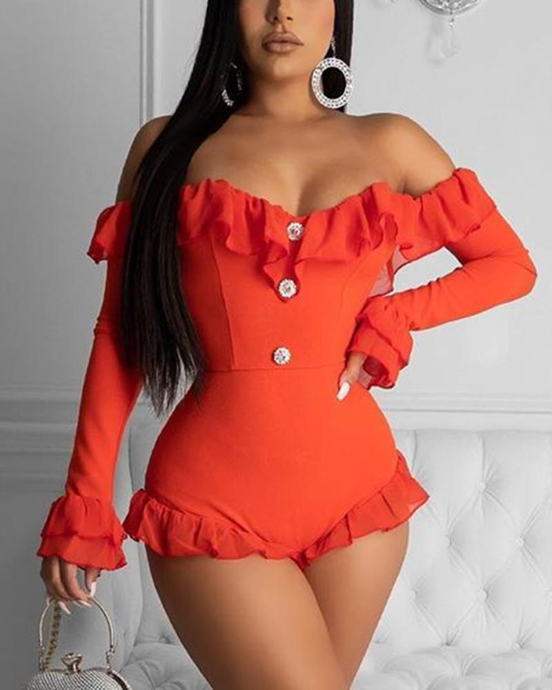 Off Shoulder Ruffle Trim Button Decor Casual Romper