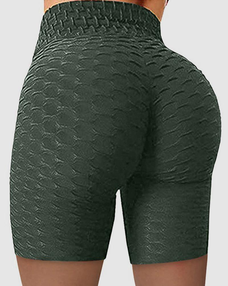Solid Textured Wide Waistband Butt Lifting Sports Shorts-Pinkami