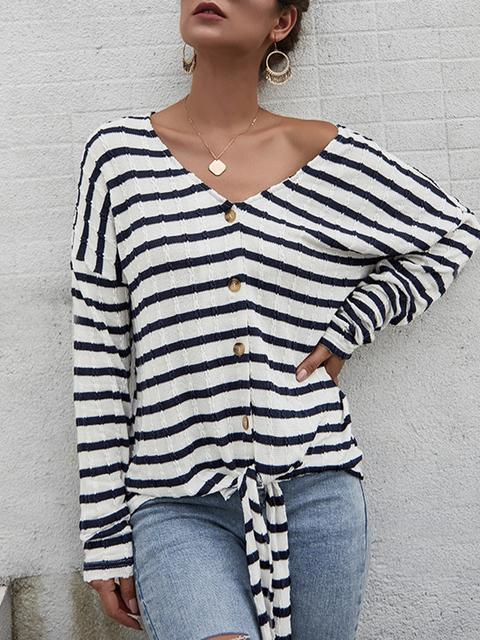 Striped Pattern Button Strap Knit Cardigan-Pinkami