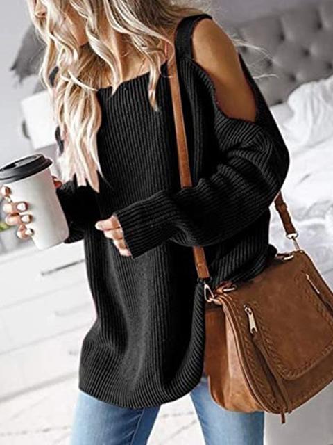 Solid Color Cold shoulder Knit Sweater-Pinkami