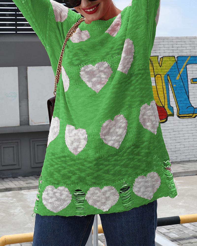 Heart Pattern Print Ripped Boat Neck Sweater-Pinkami
