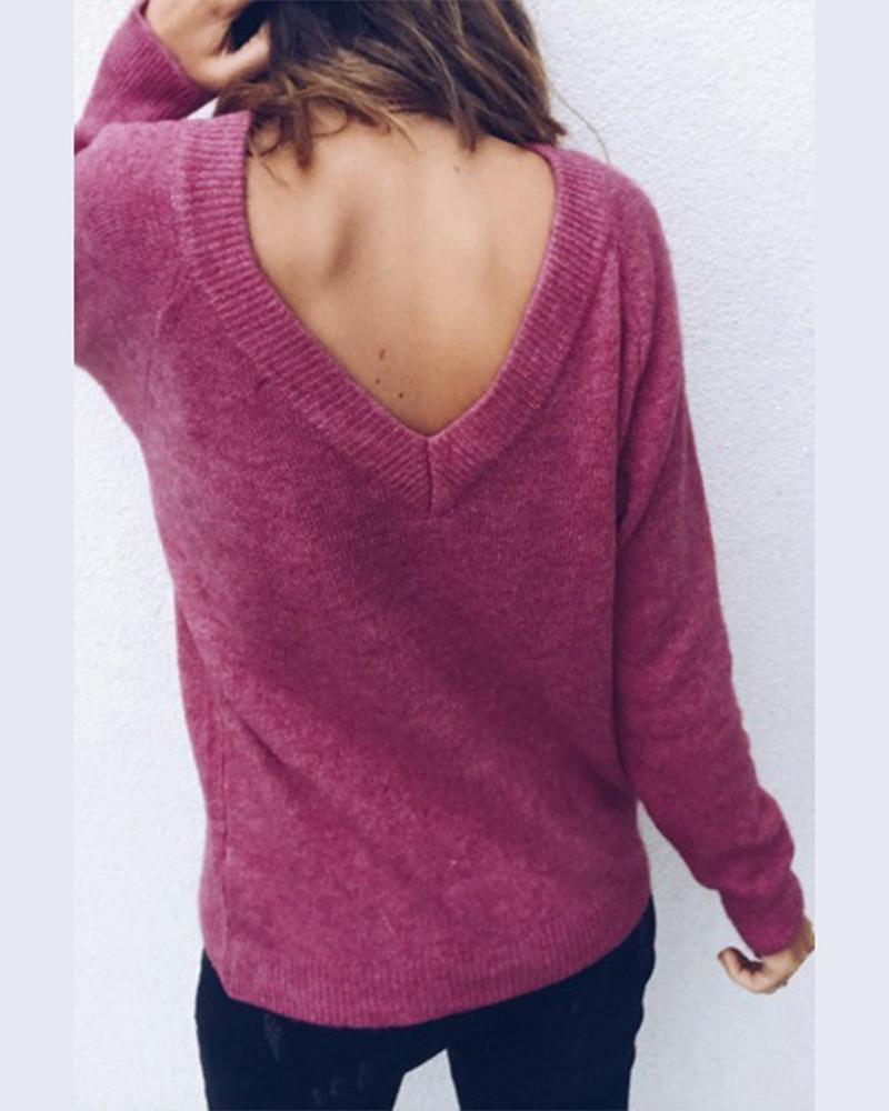 Solid Long Sleeve V Neck Sweater-Pinkami