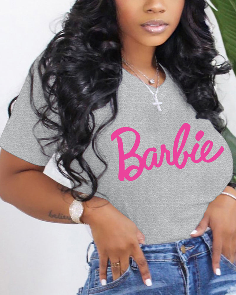 Letter Print Round Neck Short Sleeve T-Shirt-Pinkami