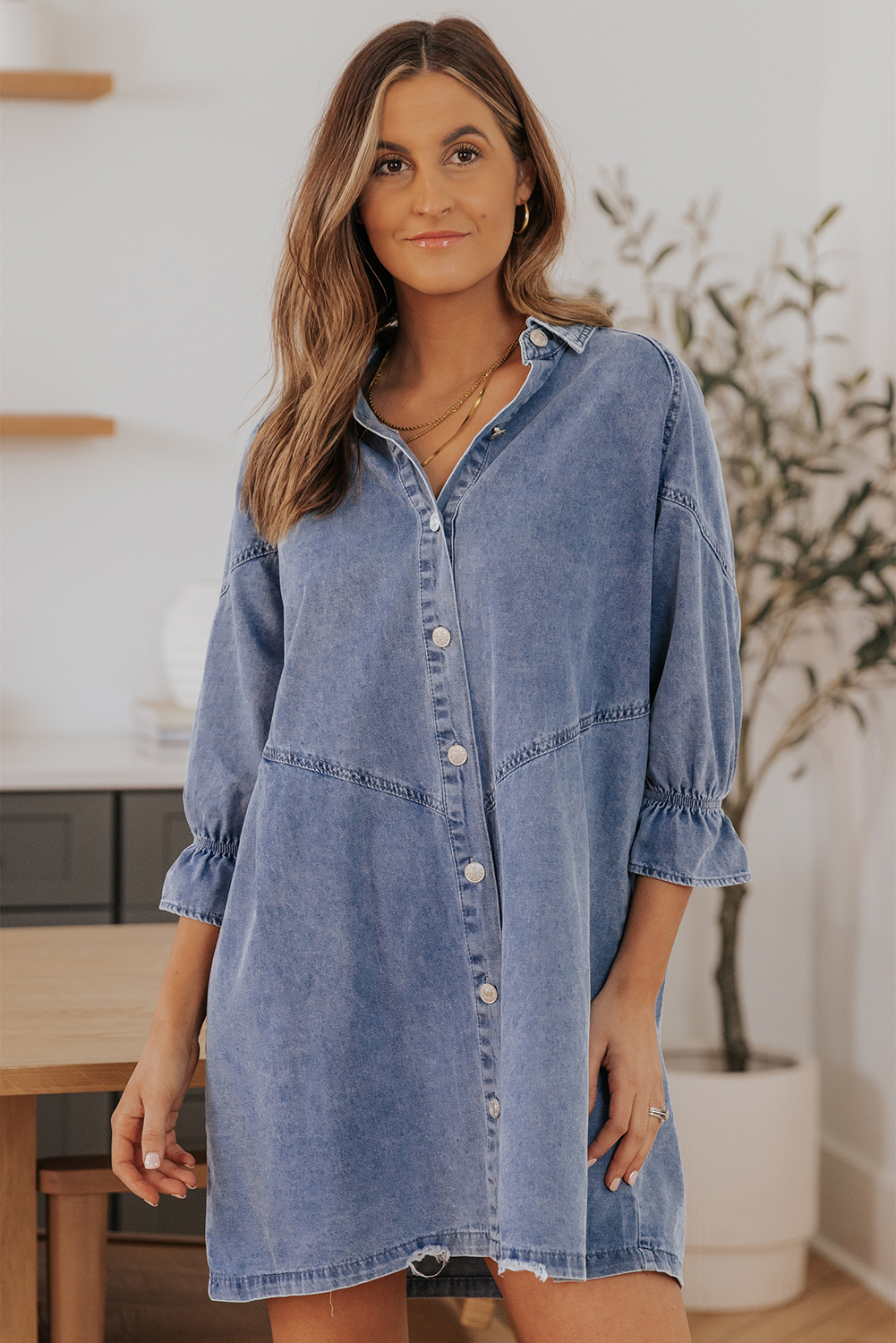 bytos Full Size Embellished Button Down Short Sleeve Denim Dress main image 0