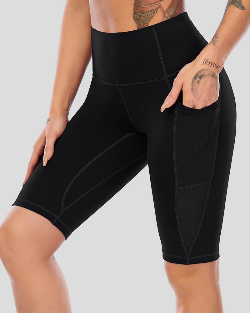 Contrast Stitch Pocket Decor Wide Waistband Sports Shorts-Pinkami