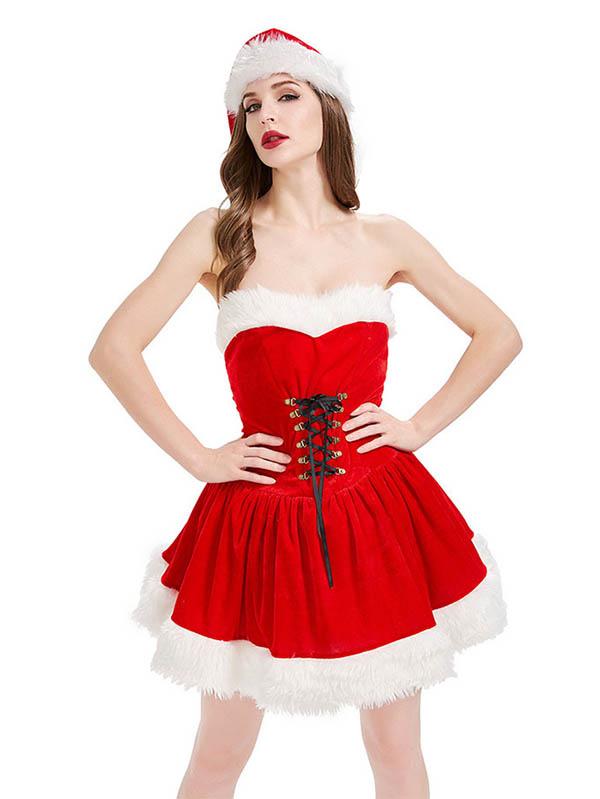 Eyelet Lace Up Ruffle Dress Santa Women Christmas Costume-Pinkami