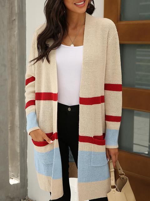 Stripe Stitching Contrast Sweater Cardigan-Pinkami