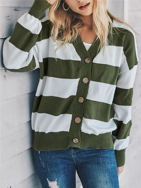 Color Block Buttons Up Sweater Cardigan-Pinkami