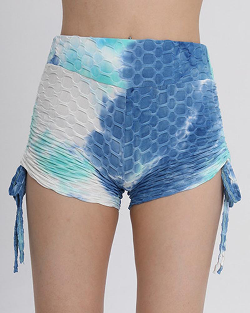 Tie Dye Textured Drawstring Side Butt Lifting High Waist Sports Shorts-Pinkami