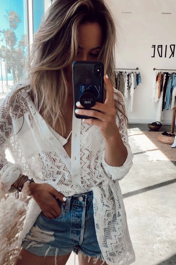 Sleeved Sheer Lace Crochet Cover Up Blouse-Pinkami