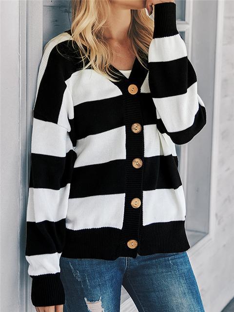 Color Block Buttons Up Sweater Cardigan-Pinkami