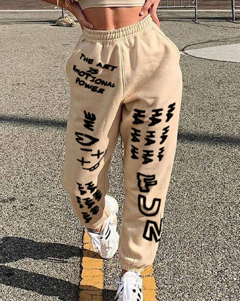 Letter & Heart Print Slant Pocket Elastic Waist Sports Pants For Women-Pinkami