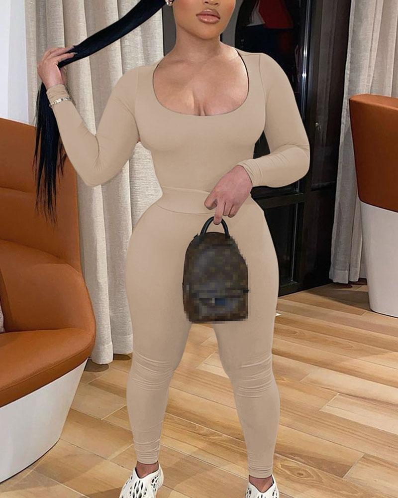 Solid Long Sleeve Scoop Neck Top & Pants Set-Pinkami