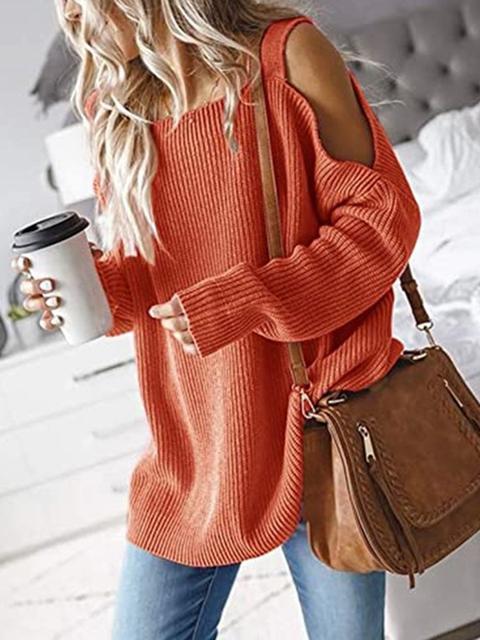 Solid Color Cold shoulder Knit Sweater-Pinkami