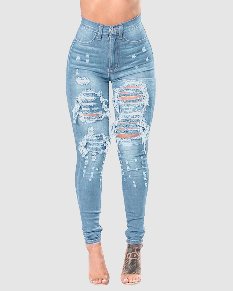 Women High Waist Ripped Hollow Out Skinny Jeans-Pinkami