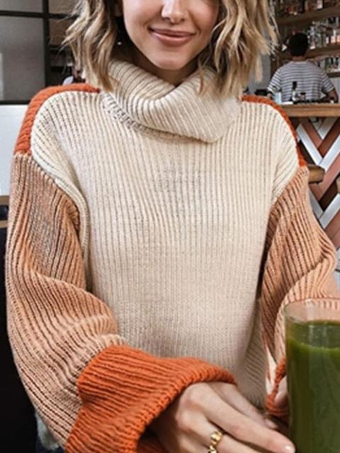 Color Block Loose Funnel Neck Sweater-Pinkami